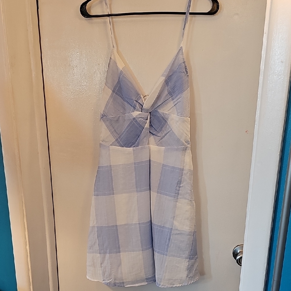 Blue and White Midi Dress with Gingham Pattern
